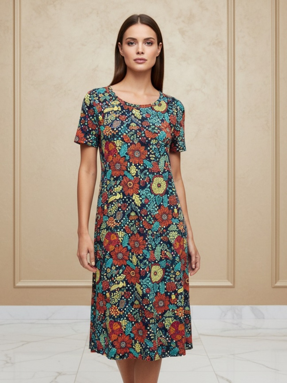 LuLaRoe Floral Midi Dress in Teal, Rust, Yellow